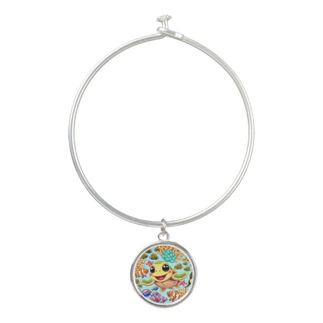 Sea Turtle Baby Happy and Cute Character Bangle Bracelet (Front)