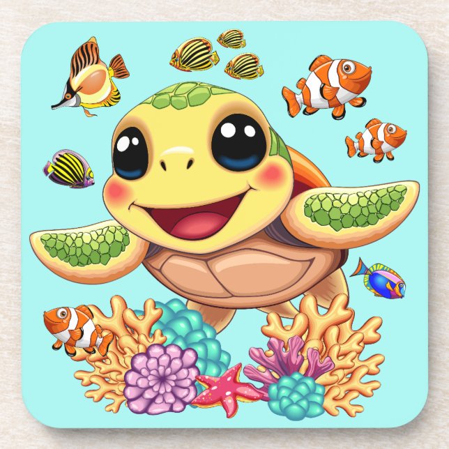 Sea Turtle Baby Happy and Cute Character Beverage Coaster (Front)