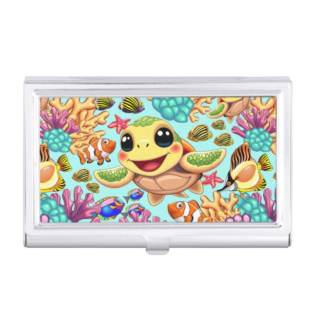 Sea Turtle Baby Happy and Cute Character Business Card Case (Front)