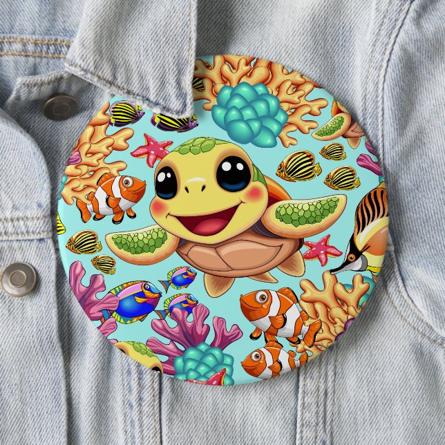Sea Turtle Baby Happy and Cute Character Button (In Situ)