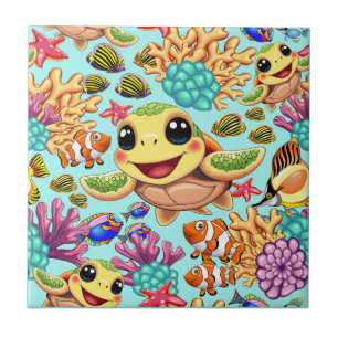 Sea Turtle Baby Happy and Cute Character Ceramic Tile
