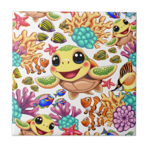 Sea Turtle Baby Happy and Cute Character Ceramic Tile