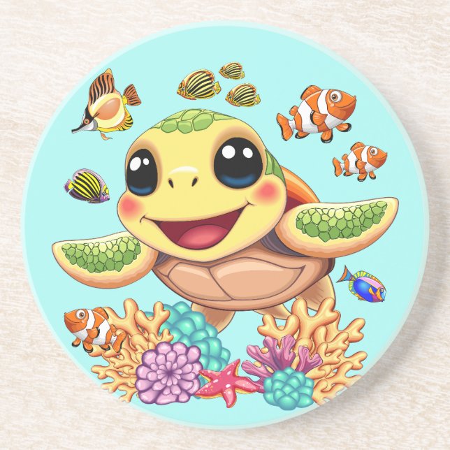 Sea Turtle Baby Happy and Cute Character Coaster (Front)