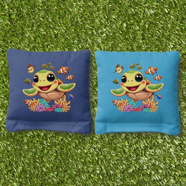 Sea Turtle Baby Happy and Cute Character Cornhole Bags (Grass)