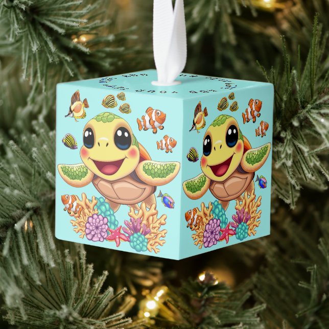 Sea Turtle Baby Happy and Cute Character Cube Ornament (Tree)