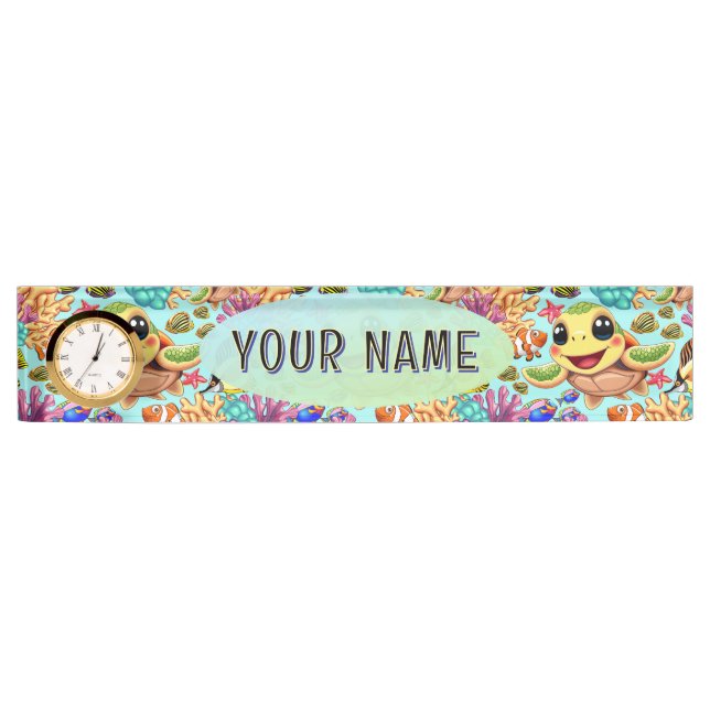 Sea Turtle Baby Happy and Cute Character Desk Name Plate (Front)