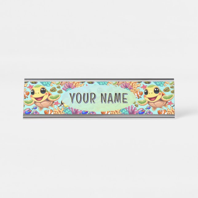 Sea Turtle Baby Happy and Cute Character Desk Name Plate (Front)
