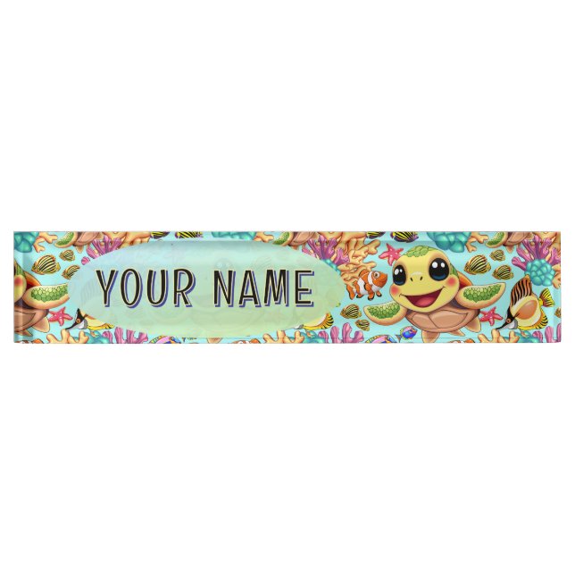 Sea Turtle Baby Happy and Cute Character Desk Name Plate (Front)