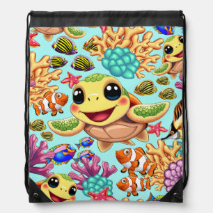 Sea Turtle Baby Happy and Cute Character Drawstring Bag