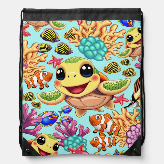 Sea Turtle Baby Happy and Cute Character Drawstring Bag (Front)