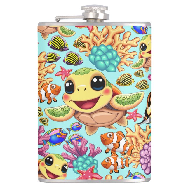 Sea Turtle Baby Happy and Cute Character Flask (Front)