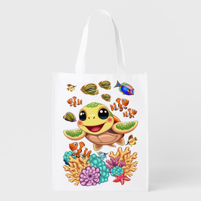 Sea Turtle Baby Happy and Cute Character Grocery Bag (Front)