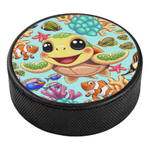 Sea Turtle Baby Happy and Cute Character Hockey Puck