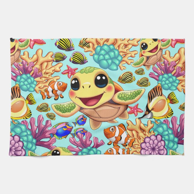 Sea Turtle Baby Happy and Cute Character Kitchen Towel (Horizontal)