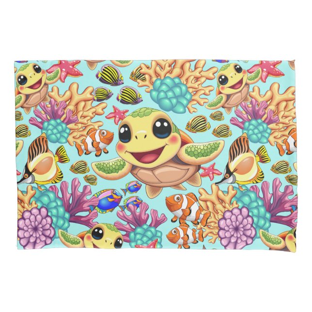 Sea Turtle Baby Happy and Cute Character Pillow Case (Front)