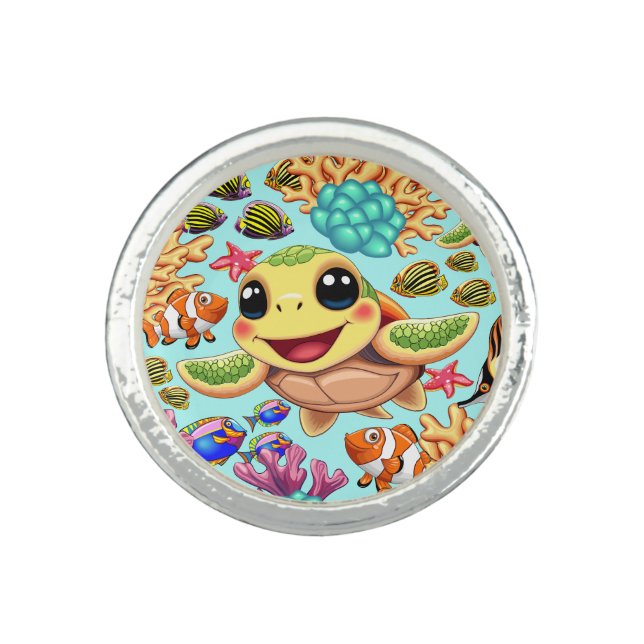 Sea Turtle Baby Happy and Cute Character Ring (Front)
