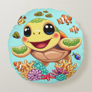 Sea Turtle Baby Happy and Cute Character Round Pillow
