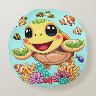 Sea Turtle Baby Happy and Cute Character Round Pillow