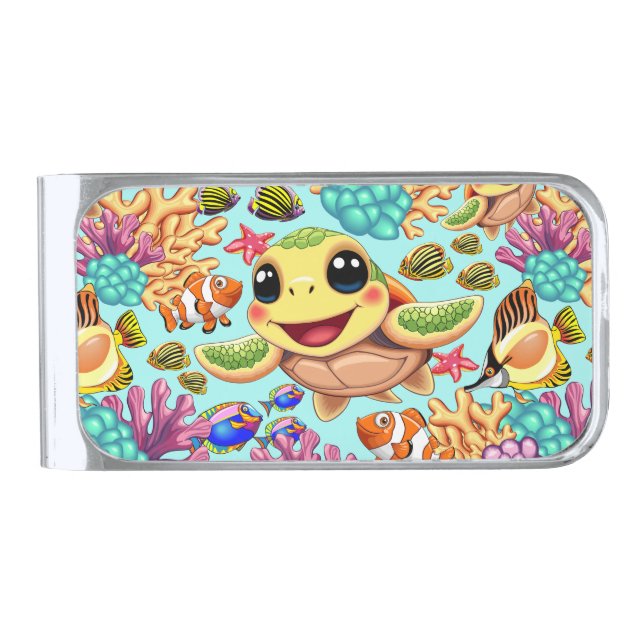 Sea Turtle Baby Happy and Cute Character Silver Finish Money Clip (Front)