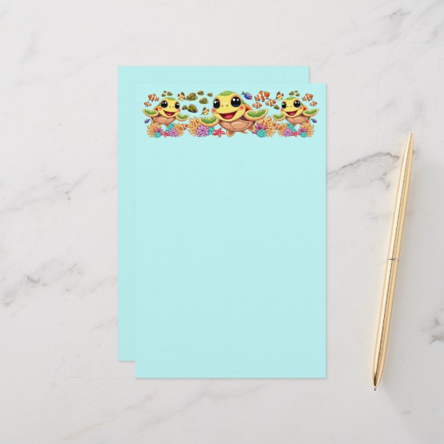Sea Turtle Baby Happy and Cute Character Stationery (Front/Back In Situ)