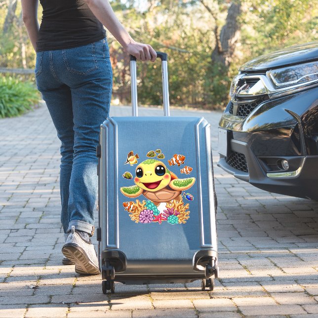 Sea Turtle Baby Happy and Cute Character Sticker (Suitcase Insitu)