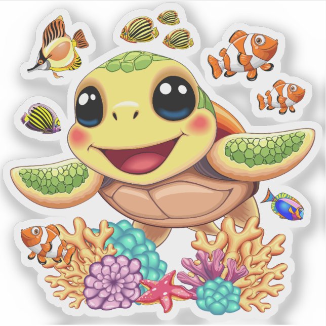 Sea Turtle Baby Happy and Cute Character Sticker (Front)