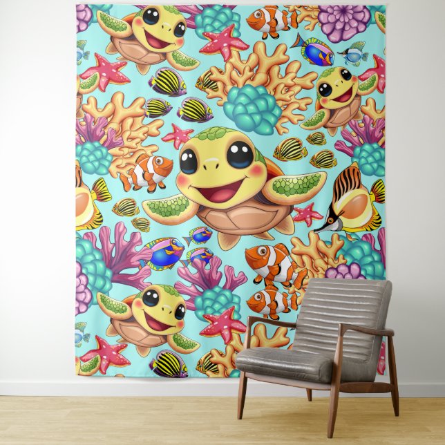 Sea Turtle Baby Happy and Cute Character Tapestry (In Situ)