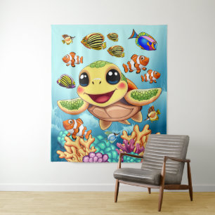 Sea Turtle Baby Happy and Cute Character Tapestry