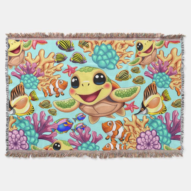 Sea Turtle Baby Happy and Cute Character Throw Blanket (Front)
