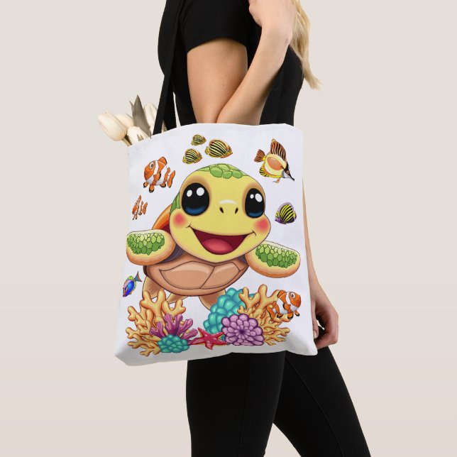 Sea Turtle Baby Happy and Cute Character Tote Bag (Close Up)