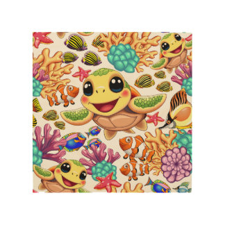 Sea Turtle Baby Happy and Cute Character Wood Wall Art
