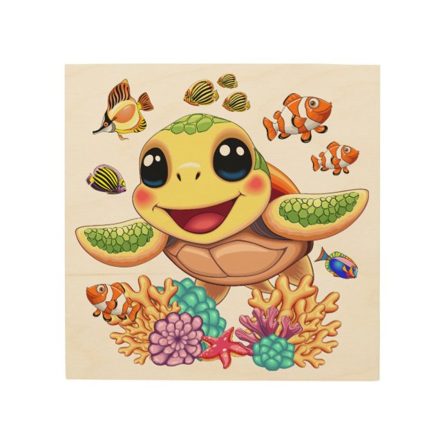 Sea Turtle Baby Happy and Cute Character Wood Wall Art (Front)