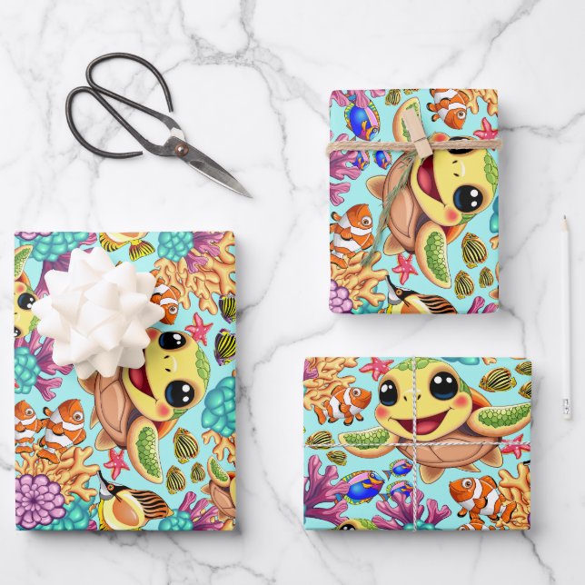 Sea Turtle Baby Happy and Cute Character Wrapping Paper Sheets (Front)
