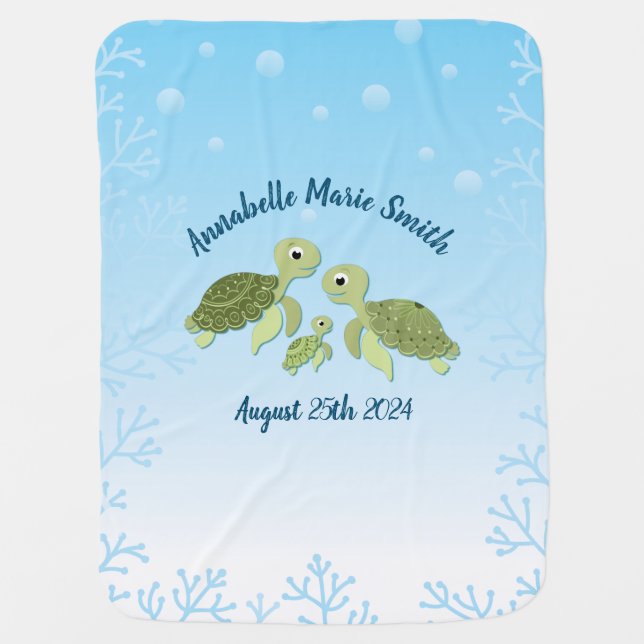 Sea Turtle Baby Shower Co-Ed Gender Neutral Baby Blanket (Front)