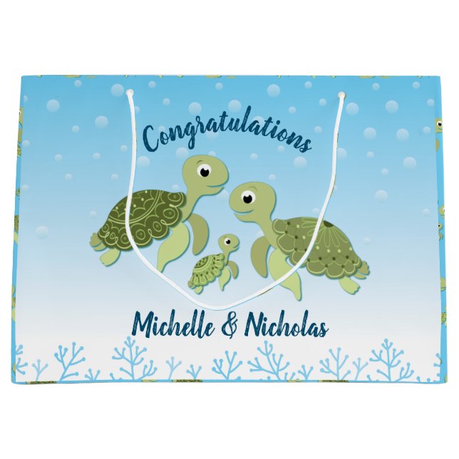 Sea Turtle Baby Shower Co-Ed Gender Neutral Large Gift Bag (Front)