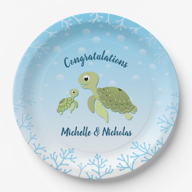 Sea Turtle Baby Shower Co-Ed Gender Neutral Paper Plates (Front)