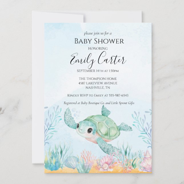 Sea Turtle Baby Shower Invitation - Blue Ocean (Front)