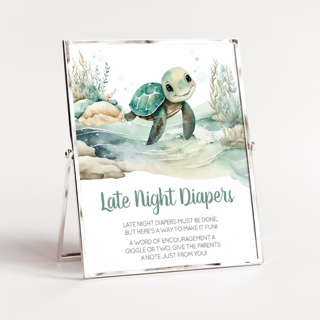 Sea Turtle Baby Shower Late Night Diapers Poster (A Little Hatching Is On the Way Baby Shower Late Night Diapers Sign)