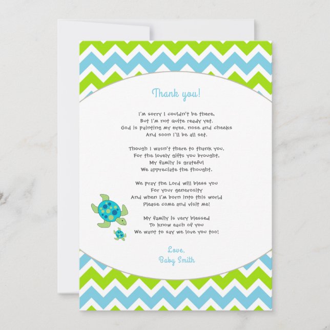 Sea Turtle baby shower thank you note + poem Card (Front)
