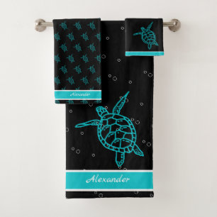 Sea Turtle Bathroom Black Teal White Nautical  Bath Towel Set