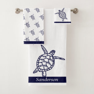 Sea Turtle Bathroom Navy Blue and White Bath Towel