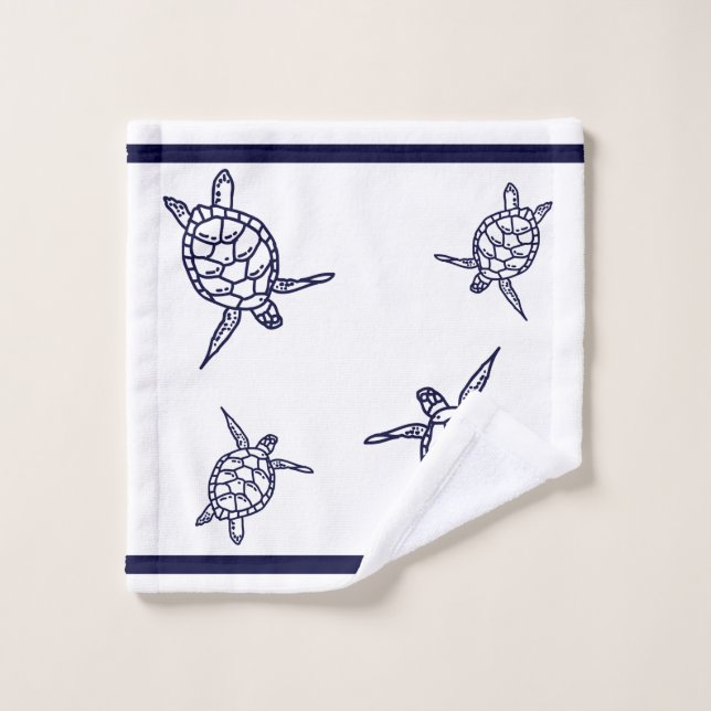 Sea Turtle Bathroom Navy Blue and White Bath Towel (Wash Cloth)