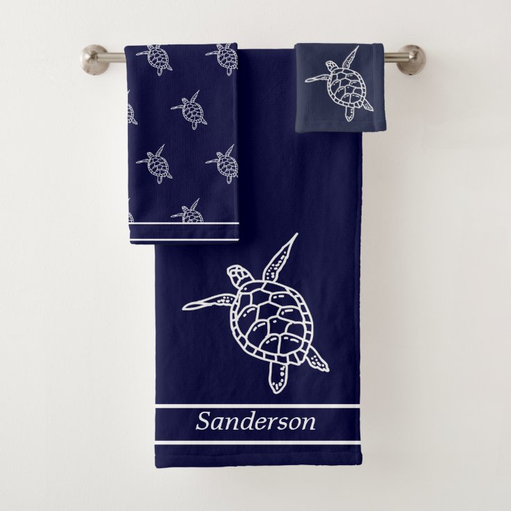 Sea Turtle Bathroom Navy Blue and White Bath Towel | Zazzle