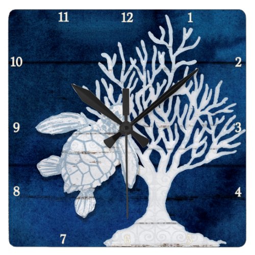 Sea Turtle Beach House Coral Vintage Blue n White Square Wall Clock