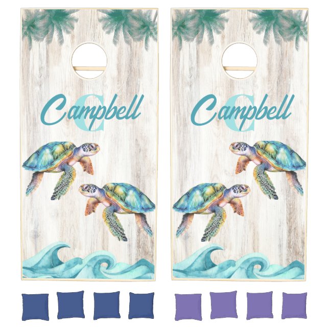 Sea Turtle Beach House Ocean Family Monogram Name Cornhole Set (Set)