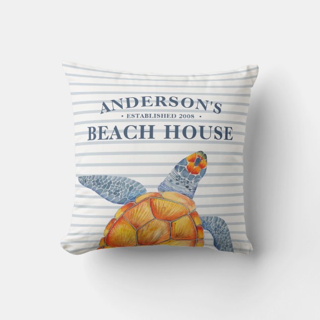 Sea Turtle Beach House Stripe Outdoor Pillow (Front)