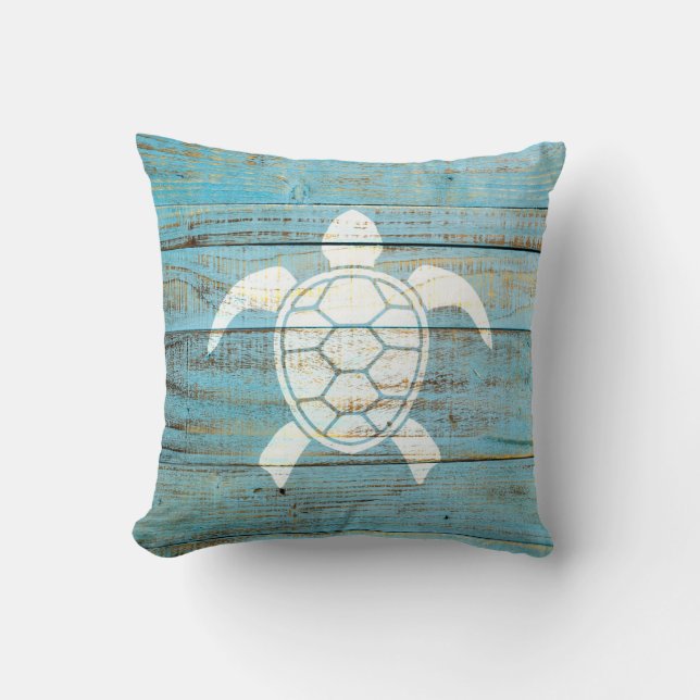 Sea Turtle Beach Weathered Wood Throw Pillow (Front)