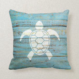 Sea Turtle Beach Weathered Wood Throw Pillow