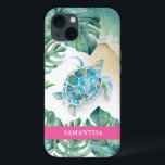Sea Turtle Beachy Custom Phone Case<br><div class="desc">This custom phone case features a watercolor sea turtle,  shoreline and tropical monstera palm leaves. Personalize with your name in white over a pink background. Artwork and design by Victoria Grigaliunas. To see more sea life and beachy phone cases like this visit www.zazzle.com/dotellabelle</div>