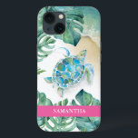 Sea Turtle Beachy Custom Phone Case<br><div class="desc">This custom phone case features a watercolor sea turtle,  shoreline and tropical monstera palm leaves. Personalize with your name in white over a pink background. Artwork and design by Victoria Grigaliunas. To see more sea life and beachy phone cases like this visit www.zazzle.com/dotellabelle</div>